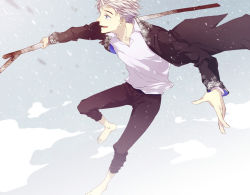 Rule 34 | 1boy, animification, barefoot, blue eyes, jack frost (rise of the guardians), jacket, male focus, rise of the guardians, sara666, silver hair, snow, solo, staff