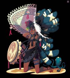 1girl arms_up bikini black_background breasts deadslug drum flower hair_ornament hat instrument kneeling large_hat leg_tattoo looking_at_viewer medium_breasts octopus original sand sandals starfish swimsuit tan tattoo witch witch_hat