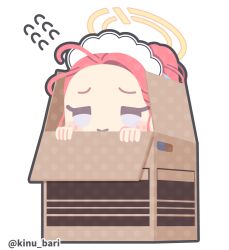 Rule 34 | 1girl, blue archive, blush, box, closed mouth, flying sweatdrops, forehead, halo, in box, in container, kinubari nerune, long hair, maid, maid headdress, purple eyes, red hair, simple background, smile, solo, twitter username, white background, yellow halo, yuzu (blue archive), yuzu (maid) (blue archive)