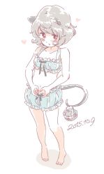 Rule 34 | 1girl, animal ears, barefoot, basket, bloomers, blush, bra, cinderella bust, dated, full body, grey hair, heart, heart hands, jpeg artifacts, looking at viewer, mitsumoto jouji, mouse (animal), mouse ears, mouse tail, navel, nazrin, parted lips, red eyes, short hair, simple background, solo, tail, touhou, underwear, underwear only, white background, white bloomers