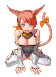 Rule 34 | 1girl, animal ears, blue eyes, breasts, cat ears, cat tail, cleavage, fingerless gloves, gloves, highres, large breasts, leaning forward, original, ribbon, salamander (jonbonjovi82), sitting, solo, tail, wariza