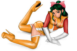 Rule 34 | 1970s (style), 1girl, boots, choudenji machine voltes v, elbow gloves, full body, gloves, green eyes, green hair, high heel boots, high heels, looking at viewer, matching hair/eyes, megumi, nankyoku, oka megumi, oldschool, retro artstyle, shoes, simple background, solo, thigh boots, thighhighs, white background, white gloves