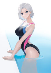 Rule 34 | 1girl, absurdres, black one-piece swimsuit, blue eyes, breasts, chinese commentary, commentary request, competition swimsuit, feet out of frame, highres, hongdou 00, looking at viewer, medium breasts, multicolored clothes, multicolored swimsuit, one-piece swimsuit, original, poolside, short hair, simple background, solo, swimsuit, wading, water, white background, white hair