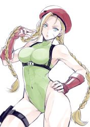 Rule 34 | ahoge, antenna hair, bad id, bad twitter id, beret, blonde hair, blue eyes, braid, breasts, cammy white, closed mouth, cowboy shot, cropped legs, covered erect nipples, fingerless gloves, garrison cap, gauntlets, gloves, green leotard, hand on own hip, hat, highleg, highleg leotard, holster, huge ahoge, leotard, long hair, medium breasts, puckered lips, ribbed leotard, scar, scar on face, shatyo, simple background, solo, standing, street fighter, street fighter v, thigh holster, thong leotard, twin braids, white background