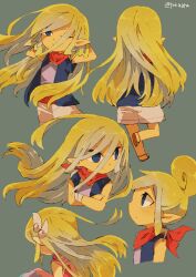 Rule 34 | 2girls, alternate hairstyle, back, blonde hair, blue eyes, closed mouth, dress, from side, hair down, highres, looking at viewer, multiple girls, nintendo, parted bangs, pointy ears, princess zelda, shirt, simple background, smile, tetra, the legend of zelda, the legend of zelda: the wind waker, tokuura, toon zelda
