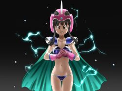 Rule 34 | 1girl, alternate eye color, angry, armor, azeruma, bikini armor, black background, black hair, breasts, cape, chi-chi (dragon ball), dragon ball, electricity, female focus, gloves, helmet, highres, long hair, looking at viewer, navel, red eyes, solo, spring67, thigh gap