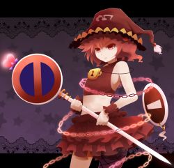 Rule 34 | 1girl, adapted costume, arano oki, chain, fishnet thighhighs, fishnets, flat chest, frilled skirt, frills, hat, kawashiro mitori, letterboxed, lock, midriff, moon, navel, no entry sign, no parking sign, no symbol, red eyes, red moon, road sign, short hair, sign, single thighhigh, skirt, sleeveless, solo, thighhighs, touhou, witch hat
