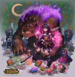Rule 34 | 1girl, alternate costume, amumu, animal ears, annie (league of legends), arm belt, backpack, bad cghub id, bad id, bag, bear, black hair, blue eyes, boots, cat ears, club (weapon), coffin, collar, crescent moon, cross, detached sleeves, fake animal ears, fire, ghost, goth annie, gothic lolita, graveyard, hairband, holding, holding stuffed toy, hourglass, kneehighs, league of legends, lolita fashion, mini wings, moon, mushroom, patch, potion, purple fire, short hair, sitting, skull, smile, socks, spiked collar, spikes, star (symbol), striped clothes, striped sleeves, striped socks, stuffed animal, stuffed toy, taemin park, teddy bear, tibbers, wand, weapon, wings