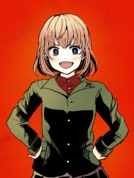 Rule 34 | 1girl, :d, arai ako, black skirt, blonde hair, blue eyes, blush, bright pupils, commentary, fangs, girls und panzer, green jacket, highres, insignia, jacket, katyusha (girls und panzer), light blush, long sleeves, looking at viewer, open mouth, pleated skirt, pravda school uniform, red background, red shirt, school uniform, shirt, short hair, simple background, skirt, smile, solo, standing, turtleneck, v-shaped eyebrows, white pupils