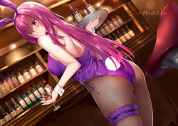 Rule 34 | 1girl, animal ears, ass, bar (place), bare shoulders, blush, bottle, breasts, bridal garter, character name, commentary request, cup, cupping glass, drinking glass, dutch angle, fake animal ears, fate/grand order, fate (series), fingernails, fishnet pantyhose, fishnets, hair between eyes, hairband, holding, holding cup, holding drinking glass, holding tray, indoors, large breasts, leotard, long hair, looking at viewer, looking back, official alternate costume, pantyhose, playboy bunny, purple hair, purple hairband, purple leotard, rabbit ears, rabbit girl, rabbit tail, red eyes, rong yi tan, scathach (fate), scathach (piercing bunny) (fate), solo, stool, tail, tray, very long hair, wine glass, wrist cuffs