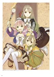 Rule 34 | 3girls, :d, atelier (series), atelier escha &amp; logy, black dress, black skirt, bracelet, breasts, brown eyes, brown hair, cleavage, dress, escha malier, green dress, green eyes, hair ribbon, hidari, highres, holding, holding staff, jewelry, linca, long hair, looking at viewer, lucille ernella, miniskirt, multiple girls, open mouth, parted lips, pink hair, red ribbon, ribbon, short hair, silver hair, skirt, small breasts, smile, staff, striped clothes, striped dress, tail, thighhighs, twintails, vertical-striped clothes, vertical-striped dress, very long hair, white legwear