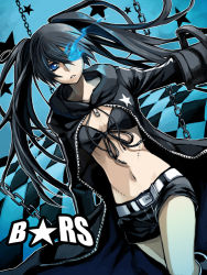 Rule 34 | 10s, 1girl, arm cannon, bad id, bad pixiv id, belt, bikini, bikini top only, black hair, black rock shooter, black rock shooter (character), blue eyes, boots, cezaria, chain, coat, female focus, glowing, glowing eyes, long hair, midriff, navel, scar, shorts, solo, star (symbol), swimsuit, twintails, weapon