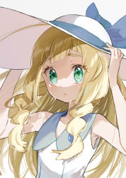 Rule 34 | 1girl, blonde hair, blue ribbon, blunt bangs, braid, collared dress, commentary, creatures (company), crying, dress, eyelashes, game freak, green eyes, hands on headwear, hat, hat ribbon, highres, lillie (pokemon), long hair, nintendo, parted lips, pokemon, pokemon sm, ribbon, sasairebun, sleeveless, sleeveless dress, solo, sun hat, symbol-only commentary, tears, twin braids, upper body, white dress, white hat