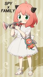 Rule 34 | 1girl, anya (spy x family), blush, child, copyright name, director chimera (spy x family), doll, dress, green eyes, hairpods, highres, hiragana sherry, holding, holding instrument, instrument, pink hair, short hair, short sleeves, solo, spy x family, stuffed toy, trumpet, white dress, white footwear