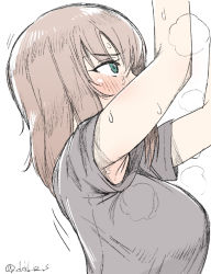 Rule 34 | 10s, 1girl, armpits, blouse, blush, breasts, girls und panzer, grey shirt, itsumi erika, large breasts, one-hour drawing challenge, shirt, simple background, solo, white background, yusukesan