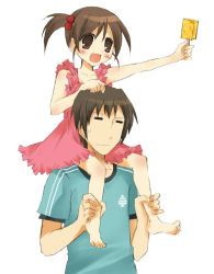 Rule 34 | 00s, 1boy, 1girl, :d, annoyed, bare shoulders, barefoot, blush, brother and sister, brown eyes, brown hair, carrying, closed eyes, dress, feet, food, ice cream, kyon, kyon no imouto, open mouth, piggyback, ponytail, popsicle, red dress, shirt, short hair, short sleeves, shoulder carry, siblings, side ponytail, simple background, sleeveless, sleeveless dress, smile, suzumiya haruhi no yuuutsu, suzushiro kurumi, t-shirt, white background
