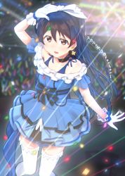 Rule 34 | 1girl, arm up, blue dress, blue hair, blush, bow, choker, commentary request, cowboy shot, dancing, dress, earrings, gloves, hair between eyes, hair bow, hair ornament, jewelry, kira-kira sensation!, long hair, love live!, love live! school idol project, off-shoulder shirt, off shoulder, open mouth, ribbon, shirt, skull573, smile, solo, sonoda umi, thighhighs, white gloves, white thighhighs