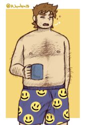 Rule 34 | 1boy, a-hem (a hemhem18), arm hair, bara, beard stubble, belly, blue male underwear, boxers, brown hair, chest hair, cowboy shot, cup, emoji print, facial hair, forked eyebrows, hairy, leg hair, long sideburns, male focus, male underwear, mug, navel hair, print male underwear, scott pilgrim (series), scott pilgrim takes off, short hair, sideburns, sleepy, solo, squeans, stephen stills, stubble, thick eyebrows, two-tone background, underwear, waking up