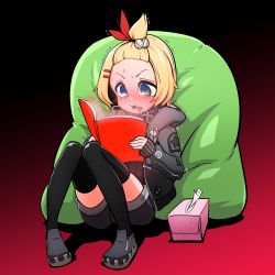 Rule 34 | 1girl, @ @, bangs pinned back, blonde hair, blush, girls&#039; frontline, hair ornament, hairclip, heavy breathing, highres, jacket, open mouth, pillow, pp-19-01 (girls&#039; frontline), reading, shoes, shorts, thighhighs, tissue box, voodoowood, aged down