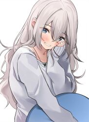 Rule 34 | 1girl, blue eyes, blush, commentary request, crossed bangs, double-parted bangs, grey hair, grey sweater, grin, hair between eyes, hair intakes, head rest, jewelry, long hair, long sleeves, looking at viewer, necklace, original, puffy long sleeves, puffy sleeves, ry thae, sanyu (ry thae), simple background, sleeves past wrists, smile, solo, sweater, upper body, white background