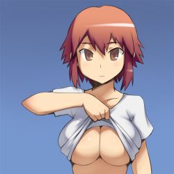 Rule 34 | 1girl, :|, aaaa (quad-a), bad id, bad pixiv id, blouse, blue background, blush, breasts, brown eyes, brown hair, cleavage, closed mouth, clothes lift, collarbone, large breasts, looking at viewer, original, shirt, shirt lift, short hair, simple background, solo, underboob, upper body, white shirt
