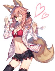 Rule 34 | 10s, 1girl, ;d, animal ears, bad id, bad pixiv id, black thighhighs, bow, bow bra, bra, breasts, chocoan, claw pose, cleavage, cowboy shot, fate/extra, fate/extra ccc, fate (series), fox ears, fox tail, heart, hood, hoodie, jacket, jewelry, low twintails, navel, necklace, official alternate costume, one eye closed, open clothes, open hoodie, open jacket, open mouth, pink hair, red bra, scrunchie, short shorts, shorts, smile, solo, striped clothes, striped hoodie, striped jacket, tail, tamamo (fate), tamamo no mae (fate/extra), tamamo no mae (spring casual) (fate), thighhighs, twintails, underwear, white background, yellow eyes