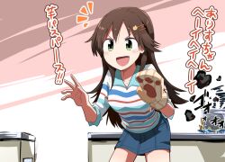 Rule 34 | 1girl, blue collar, blue skirt, brown hair, cat hair ornament, collar, collarbone, collared shirt, commentary request, cooking pot, cowboy shot, denim, denim skirt, fire, green eyes, hair ornament, hairclip, himekawa yuki, idolmaster, idolmaster cinderella girls, indoors, kitchen, leaning forward, light blush, long hair, long sleeves, looking at viewer, mittens, notice lines, open mouth, oven mitts, paw print, paw print pattern, pink background, shirt, sidelocks, simple background, single mitten, skirt, sleeves past elbows, smile, smoke, solo, striped clothes, striped shirt, striped sleeves, table, taniya raku, translation request, two-tone background, v-shaped eyebrows, vertical-striped mittens, white background, white shirt, white sleeves, yellow mittens