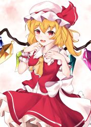 Rule 34 | 1girl, ascot, blonde hair, bow, breasts, collared shirt, cowboy shot, crystal, dress shirt, fang, flandre scarlet, frilled ascot, frilled shirt collar, frilled skirt, frills, hair between eyes, hat, hat bow, hat ribbon, highres, large bow, looking at viewer, medium hair, mob cap, multicolored wings, one side up, open mouth, orchid (orukido), pink background, red bow, red eyes, red ribbon, red skirt, red vest, ribbon, shirt, simple background, skin fang, skirt, skirt set, small breasts, solo, touhou, vest, white background, white bow, white hat, white shirt, wings, yellow ascot