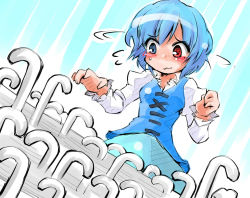 Rule 34 | 1girl, blue eyes, blue hair, confused, flying sweatdrops, heterochromia, juliet sleeves, long sleeves, matching hair/eyes, outstretched arm, outstretched hand, puffy sleeves, red eyes, shinapuu, shirt, skirt, skirt set, solo, tatara kogasa, too many, touhou, umbrella, vest