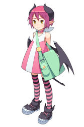Rule 34 | 1girl, bag, carrying, choker, demon girl, demon tail, demon wings, full body, go robots, highres, horns, lilim (waguruma!), pink hair, pointy ears, short hair, shoulder bag, shoulder carry, simple background, sleeveless, smile, solo, striped clothes, striped thighhighs, tail, thighhighs, waguruma!, white background, wings, yellow eyes