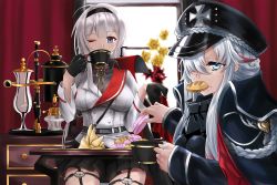 Rule 34 | 2girls, ahoge, alt3r, azur lane, black gloves, black skirt, blue eyes, breasts, coffee, coffee cup, coffee maker, commentary, cookie, cross, cup, disposable cup, eating, english commentary, flower, food, garter straps, gloves, grey hair, hair over one eye, hairband, hat, highres, indoors, iron cross, looking at viewer, mainz (azur lane), medium breasts, military hat, multicolored hair, multiple girls, odin (azur lane), one eye closed, pastry, peaked cap, plant, pleated skirt, potted plant, red curtains, red hair, sitting, skirt, streaked hair, sweets, table, window