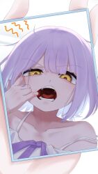 Rule 34 | 1girl, absurdres, annoyed, commentary request, finger in own mouth, frown, highres, limit (lim no sabuaka), looking at viewer, medium hair, open mouth, purple hair, reflection, shinomiya runa, solo, tank top, teeth, tongue, virtual youtuber, vspo!, white tank top, yellow eyes