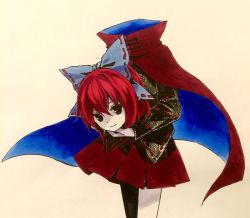 Rule 34 | black shirt, bow, cape, cowboy shot, disembodied head, hair bow, high collar, highres, holding head, kaigen 1025, long sleeves, looking at viewer, one-hour drawing challenge, pleated skirt, red cape, red eyes, red hair, red skirt, sekibanki, shirt, short hair, simple background, skirt, smile, solo, touhou, yellow background