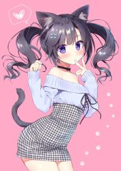 Rule 34 | 1girl, animal ear fluff, animal ears, aqua nails, bare shoulders, black choker, black hair, black ribbon, blue sweater, bow, breasts, cat ears, cat tail, checkered clothes, checkered skirt, choker, cowboy shot, hair bow, hands up, heart, high-waist skirt, highres, holding, holding own hair, long hair, long sleeves, looking at viewer, nail polish, off-shoulder sweater, off shoulder, original, paw print, paw print background, pink background, purple eyes, ribbon, ribbon choker, ryouka (suzuya), sidelocks, simple background, skirt, small breasts, solo, spoken heart, standing, sweater, tail, thighs, twintails, v, wavy hair