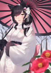 Rule 34 | 1girl, atago (azur lane), atago (hallmarks of winter) (azur lane), azur lane, back bow, black gloves, black hair, blurry, blurry background, blurry foreground, bow, breasts, extra ears, flower, gloves, highres, holding, holding umbrella, japanese clothes, kayoubi (tuesday 91), kimono, large breasts, long hair, looking at viewer, mole, mole under eye, official alternate costume, oil-paper umbrella, pink bow, pink flower, pink umbrella, solo, standing, umbrella, white kimono, yellow eyes