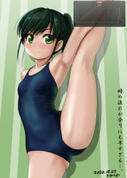 Rule 34 | 1girl, armpits, artist name, blue one-piece swimsuit, blush, breasts, collarbone, commentary request, cowboy shot, crotch seam, dated, frown, gluteal fold, graph, green background, green eyes, green hair, highres, long hair, looking at viewer, one-piece swimsuit, original, rohitsuka, school swimsuit, signature, skindentation, small breasts, solo, split, standing, standing on one leg, standing split, striped background, swimsuit, translation request, vertical-striped background