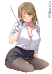 Rule 34 | 1girl, black skirt, blush, breasts, brown eyes, cowboy shot, ebifurya, formal, gloves, highres, houston (kancolle), kantai collection, large breasts, light brown hair, long hair, one-hour drawing challenge, one eye closed, pantyhose, pencil skirt, pointer, shirt, simple background, skirt, smile, teacher, white background, white gloves
