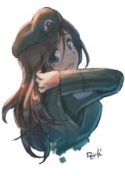 Rule 34 | 1girl, :d, beret, brown hair, girls und panzer, hand in own hair, hat, highres, kuroneko douji, long hair, looking at viewer, looking back, megumi, megumi (girls und panzer), military, military uniform, open mouth, smile, solo, tareme, uniform, upper body, white background