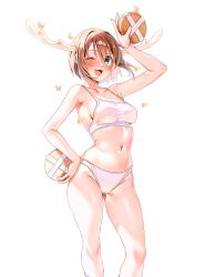 1girl absurdres antlers arm_up armpits bare_shoulders blush breasts brown_hair bug butterfly deer deer_antlers deer_cracker deer_girl highres holding horns insect large_breasts looking_at_viewer machulanko navel one_eye_closed panties purple_eyes shikanoko_noko shikanoko_nokonoko_koshitantan short_hair smile solo sports_bra underwear white_panties