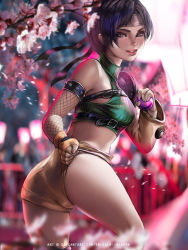 Rule 34 | 1girl, adjusting clothes, adjusting shorts, armor, ass, back, bare shoulders, black hair, blush, breasts, brown eyes, brown gloves, brown shorts, crop top, emerald-weapon, final fantasy, final fantasy vii, fingerless gloves, fishnets, flower, gloves, green sweater, headband, holding, knee up, light blush, lips, lipstick, looking at viewer, makeup, materia, medium breasts, midriff, pink flower, plum blossoms, short hair, short shorts, shorts, sleeveless, sleeveless turtleneck, smile, solo, sweater, thigh gap, tree, turtleneck, turtleneck sweater, yuffie kisaragi