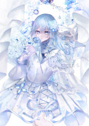 Rule 34 | 1girl, absurdres, baby&#039;s-breath, bell, blue eyes, blue flower, blue gemstone, blue hair, blue ribbon, blue scarf, bouquet, cape, chain, cross-laced clothes, crystal flower, curtains, dress, earrings, feet out of frame, flower, gem, hair between eyes, highres, holding, holding bouquet, holding flower, ice, ice cube, jewelry, lace-trimmed cape, lace trim, light blue hair, long hair, long sleeves, looking at viewer, original, parted lips, ribbon, scarf, see-through, see-through scarf, seisaiminty, solo, standing, stud earrings, white background, white cape, white dress, wide sleeves