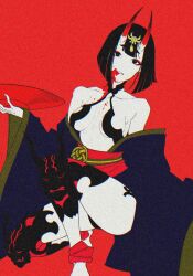 Rule 34 | 1girl, ass, bare shoulders, barefoot, black eyes, black hair, blood, blood on face, breasts, cup, detached leggings, eyeliner, fate/grand order, fate (series), hair ornament, highres, horns, japanese clothes, kimono, looking at viewer, makeup, medium breasts, meow on road, oni, parted lips, red background, sakazuki, sash, shuten douji (fate), simple background, skin-covered horns, solo