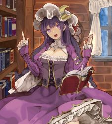 Rule 34 | 1girl, adapted costume, bad id, bad twitter id, book, bookshelf, breasts, cleavage, corset, crescent, crescent hair ornament, curtains, dress, hair ornament, hat, head tilt, highres, index finger raised, indoors, long hair, long sleeves, looking at viewer, medium breasts, mob cap, open mouth, patchouli knowledge, purple dress, purple eyes, purple hair, shi chimi, solo, touhou, window