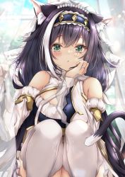 Rule 34 | absurdres, animal ears, black hair, blush, breasts, cat ears, cat girl, cat tail, green eyes, highres, karyl (princess connect!), long hair, looking at viewer, princess connect!, rumiko (rmeco), skirt, small breasts, tail, white legwear