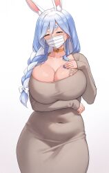 1girl absurdres animal_ear_fluff animal_ears arm_under_breasts blue_hair blue_nails blush braid braided_ponytail breasts choker cleavage covered_navel cowboy_shot dongtan_dress dress fingernails grey_dress hair_between_eyes half-closed_eyes hand_on_own_chest hateaicringe highres hololive huge_breasts looking_at_viewer mask mature_female meme_attire mouth_mask multicolored_hair orange_choker pekomama pencil_dress rabbit_ears rabbit_girl red_eyes scoop_neck short_eyebrows simple_background solo taut_clothes taut_dress thick_eyebrows tight_clothes tight_dress two-tone_hair virtual_youtuber white_background white_hair