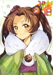 Rule 34 | 10s, 1girl, absurdres, blush, chinese zodiac, closed mouth, commentary, floral background, fur scarf, girls und panzer, green kimono, hair bobbles, hair ornament, highres, japanese clothes, kadotani anzu, kanji, kimono, long hair, long sleeves, looking at viewer, namatyoco, nengajou, new year, obi, parted bangs, pig print, sash, smile, smirk, solo, standing, twintails, twitter username, upper body, wide sleeves, year of the pig