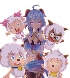 Rule 34 | 1girl, absurdres, ahoge, bare shoulders, blue hair, bodystocking, commentary request, cowboy shot, detached sleeves, ganyu (genshin impact), genshin impact, hands up, highres, horns, long hair, long sleeves, looking at viewer, pan shushu zai hua hua, purple eyes, sheep, simple background, skirt, smile, standing, white background, white skirt