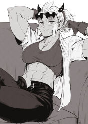 Rule 34 | 1girl, abs, absurdres, bandana, belt, black belt, black horns, black pants, blush, breasts, cleavage, couch, demon girl, demon horns, eyewear on head, gloves, greyscale, helltaker, highres, horns, justice (helltaker), large breasts, looking at viewer, monochrome, muscular, muscular female, on couch, open belt, open clothes, open shirt, pants, shirt, sitting, speedl00ver, sunglasses, white hair, white shirt