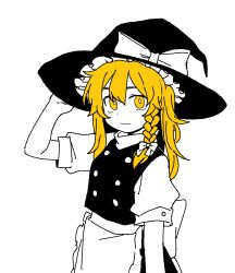 Rule 34 | 1girl, apron, back bow, bbyong403, black hat, black vest, blonde hair, bow, braid, buttons, closed mouth, commentary, cowboy shot, frilled apron, frilled hat, frills, hair bow, hand on headwear, hat, hat bow, kirisame marisa, light smile, long hair, looking at viewer, monochrome, puffy short sleeves, puffy sleeves, shirt, short sleeves, sidelocks, simple background, single braid, solo, spot color, symbol-only commentary, touhou, turtleneck, vest, waist apron, white apron, white background, white bow, white shirt, white sleeves, witch hat, yellow eyes