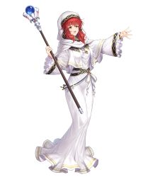 Rule 34 | 1girl, dress, female focus, fire emblem, fire emblem: mystery of the emblem, fire emblem heroes, full body, highres, holding, holding staff, jewelry, kousei horiguchi, lena (fire emblem), long hair, necklace, nintendo, official art, open mouth, red eyes, red hair, shoes, smile, solo, staff, standing, transparent background, white dress